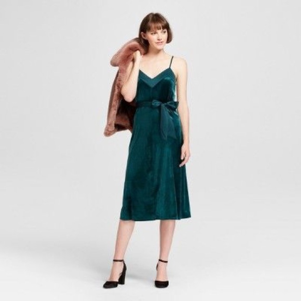 Green velvet slip dress